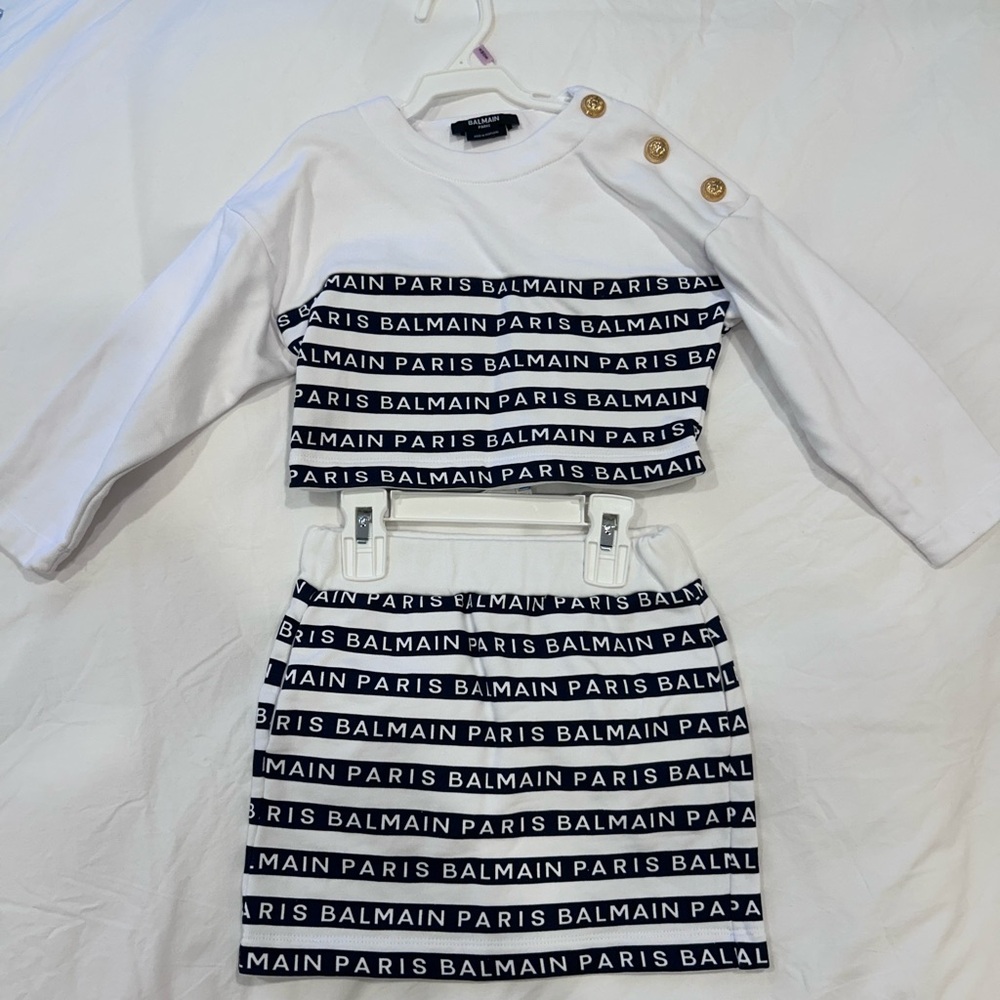 Balmain Kids Set in White with Black Logo and Gold Buttons